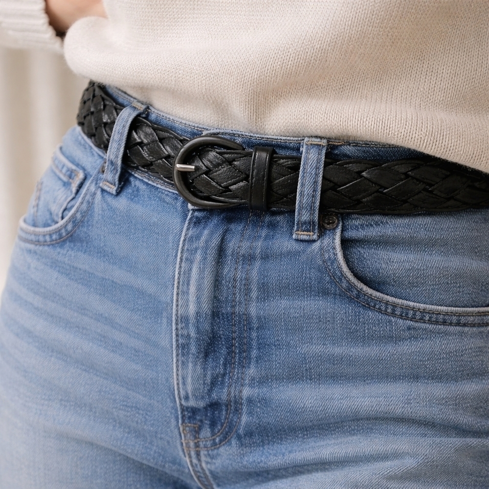 Made in England Woven Leather Belt Black Braided Minimalist 36 Unisex